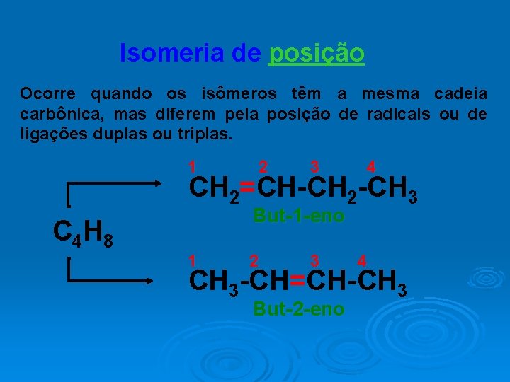 Isomeria de posição Ocorre quando os isômeros têm a mesma cadeia carbônica, mas diferem