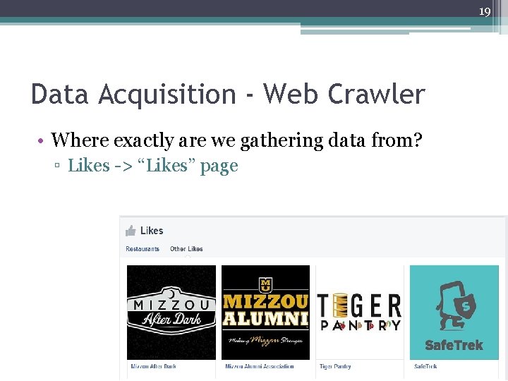 19 Data Acquisition - Web Crawler • Where exactly are we gathering data from? 19 Data Acquisition - Web Crawler • Where exactly are we gathering data from?