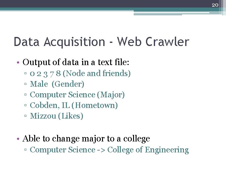 20 Data Acquisition - Web Crawler • Output of data in a text file: 20 Data Acquisition - Web Crawler • Output of data in a text file: