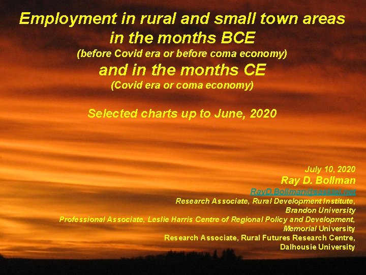 Employment in rural and small town areas in the months BCE (before Covid era