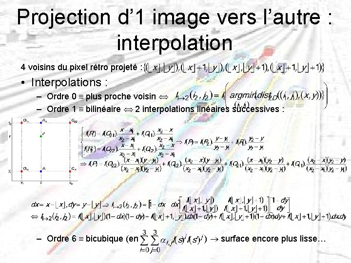 Projection d’ 1 image vers l’autre : interpolation 4 voisins du pixel rétro projeté