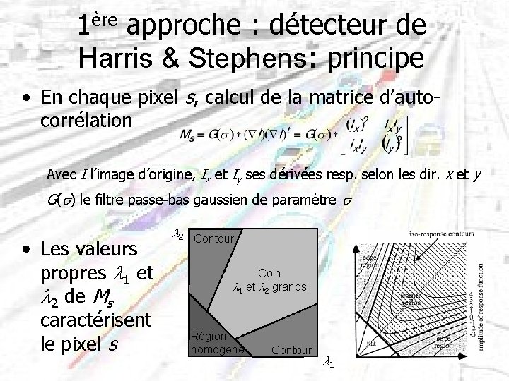 1ère approche : détecteur de Harris & Stephens: principe • En chaque pixel s,