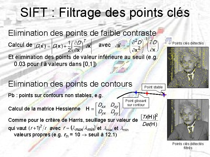 SIFT : Filtrage des points clés Elimination des points de faible contraste Calcul de