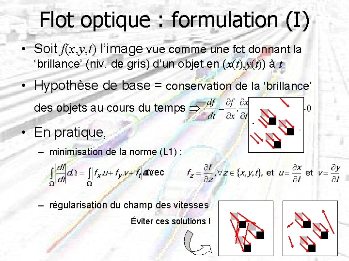 Flot optique : formulation (I) • Soit f(x, y, t) l’image vue comme une