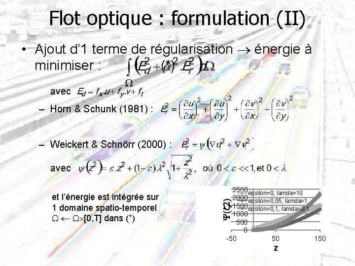 Flot optique : formulation (II) • Ajout d’ 1 terme de régularisation énergie à