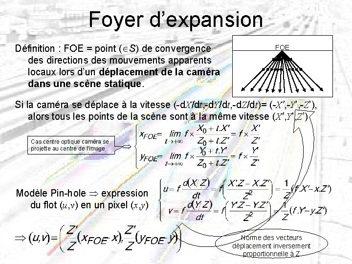 Foyer d’expansion Définition : FOE = point ( S) de convergence des directions des