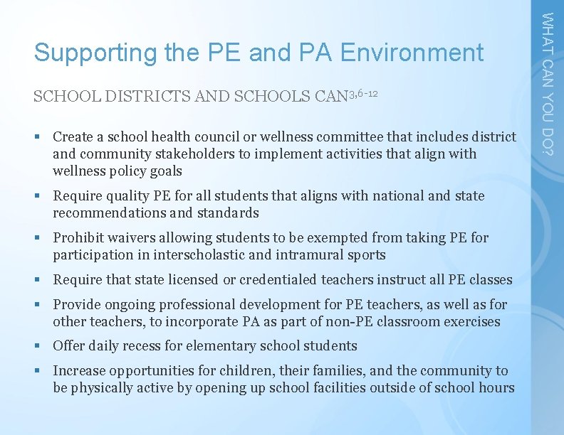 SCHOOL DISTRICTS AND SCHOOLS CAN 3, 6 -12 § Create a school health council