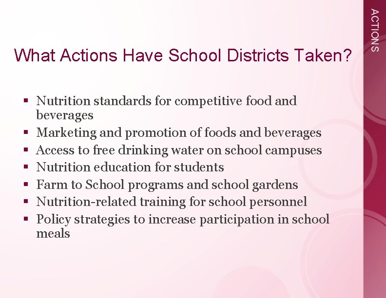 § Nutrition standards for competitive food and beverages § Marketing and promotion of foods