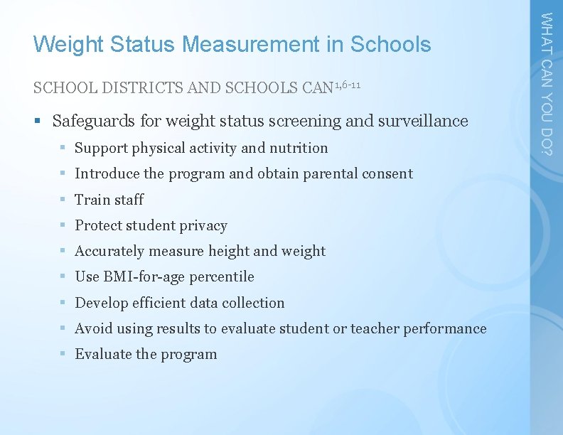 SCHOOL DISTRICTS AND SCHOOLS CAN 1, 6 -11 § Safeguards for weight status screening