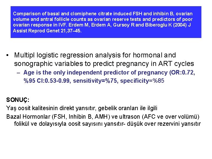 Comparison of basal and clomiphene citrate induced FSH and inhibin B, ovarian volume and