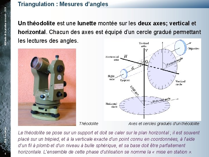 Méthodes de la géodésie terrestre - 2016 Triangulation : Mesures d’angles Un théodolite est