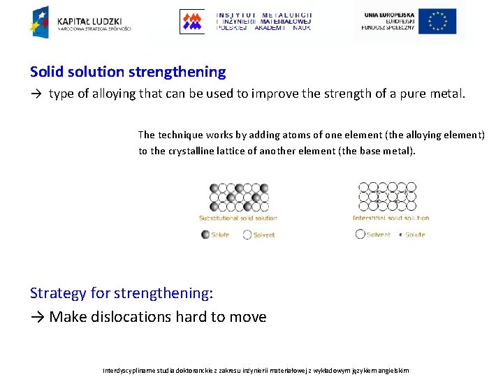 Solid solution strengthening → type of alloying that can be used to improve the