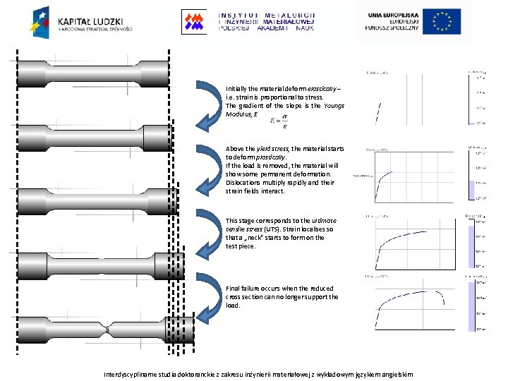Initially the material deform elastically – i. e. strain is proportional to stress. The