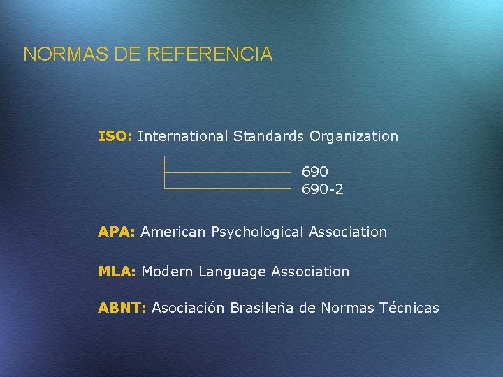 NORMAS DE REFERENCIA ISO: International Standards Organization 690 -2 APA: American Psychological Association MLA: