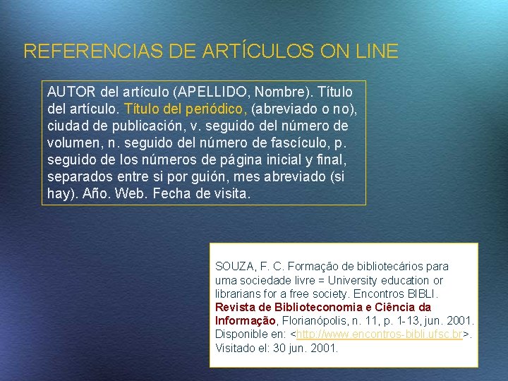 REFERENCIAS DE ARTÍCULOS ON LINE AUTOR del artículo (APELLIDO, Nombre). Título del artículo. Título