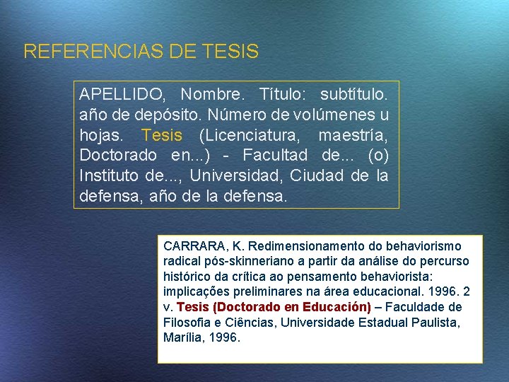 REFERENCIAS DE TESIS APELLIDO, Nombre. Título: subtítulo. año de depósito. Número de volúmenes u