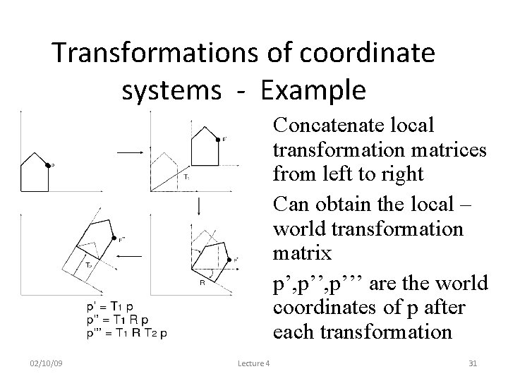 Transformations of coordinate systems - Example • Concatenate local transformation matrices from left to