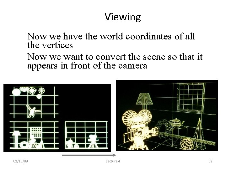 Viewing • Now we have the world coordinates of all the vertices • Now
