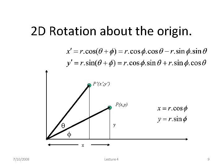 2 D Rotation about the origin. y P’(x’, y’) P(x, y) r y r