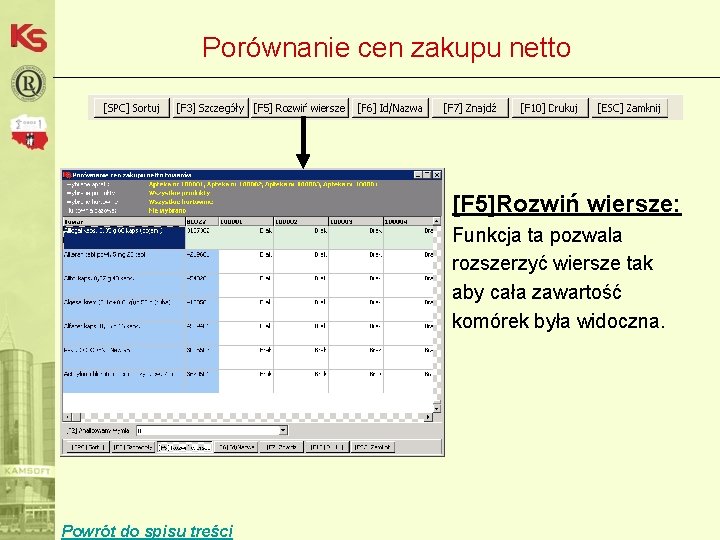 Porównanie cen zakupu netto [F 5]Rozwiń wiersze: Funkcja ta pozwala rozszerzyć wiersze tak aby