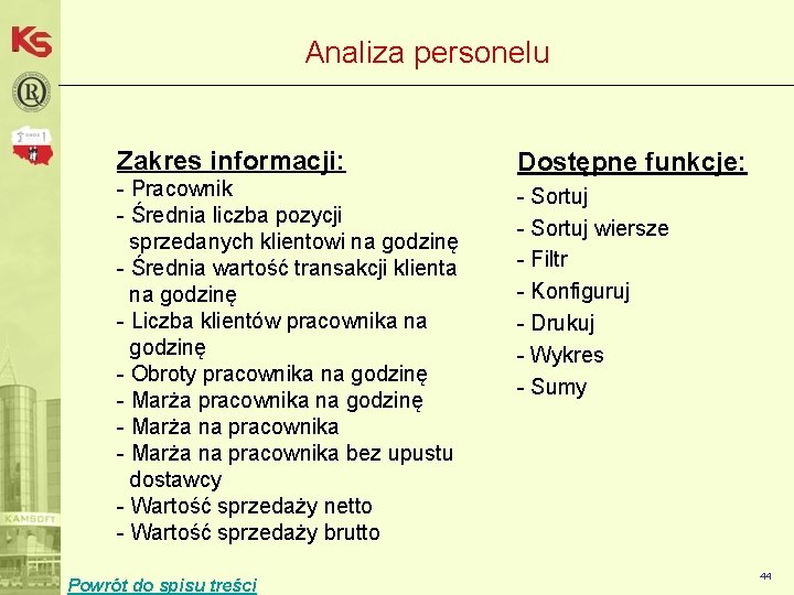 Analiza personelu Zakres informacji: Dostępne funkcje: - Pracownik - Średnia liczba pozycji sprzedanych klientowi