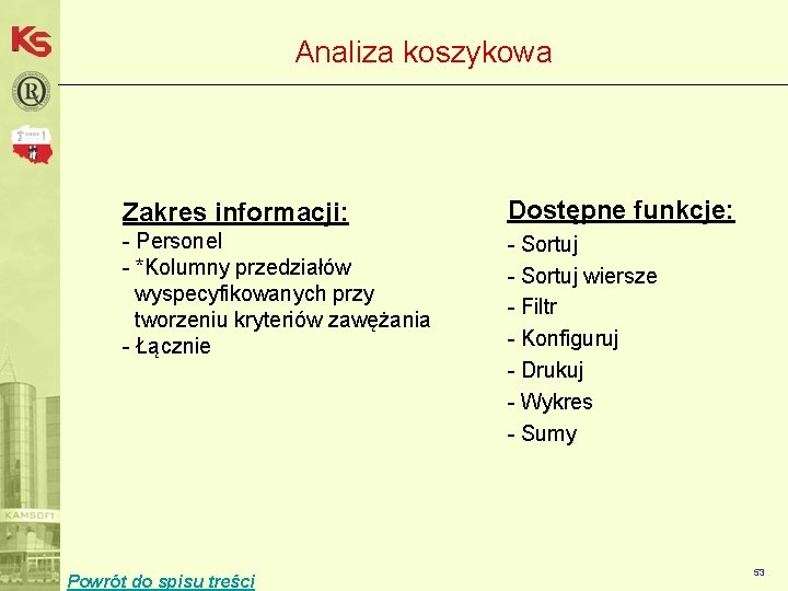 Analiza koszykowa Zakres informacji: Dostępne funkcje: - Personel - *Kolumny przedziałów wyspecyfikowanych przy tworzeniu