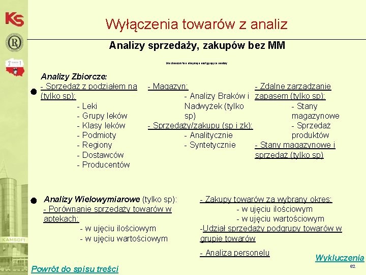 Wyłączenia towarów z analiz Analizy sprzedaży, zakupów bez MM Mechanizm ten obejmuje następujące analizy: