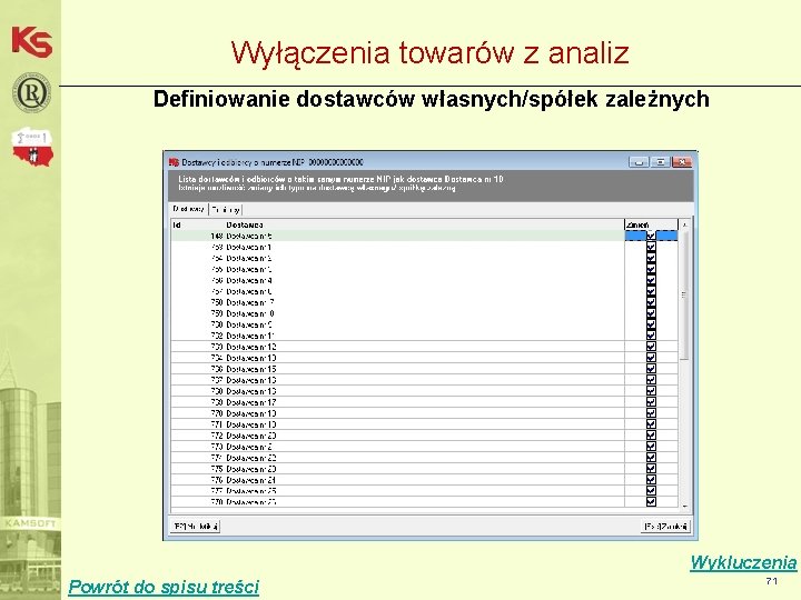 Wyłączenia towarów z analiz Definiowanie dostawców własnych/spółek zależnych Wykluczenia Powrót do spisu treści 71