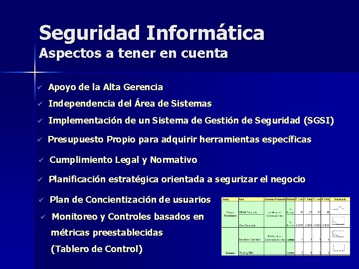 Seguridad Informática Aspectos a tener en cuenta ü Apoyo de la Alta Gerencia ü