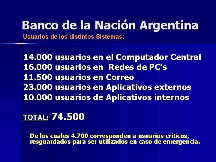 Banco de la Nación Argentina Usuarios de los distintos Sistemas: 14. 000 usuarios en
