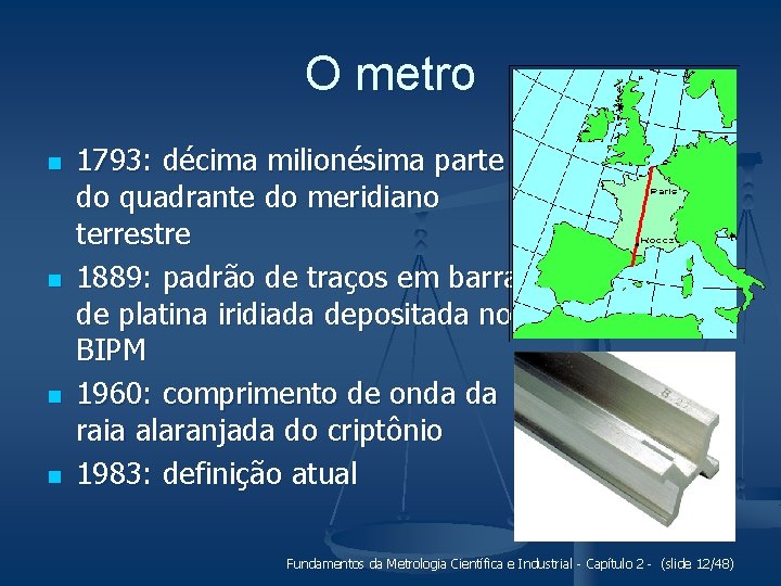 O metro n n 1793: décima milionésima parte do quadrante do meridiano terrestre 1889: