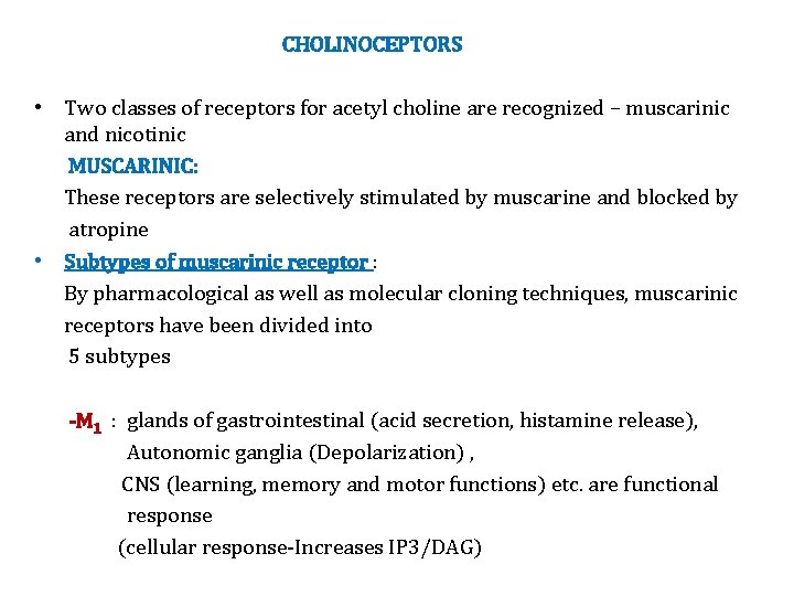 CHOLINOCEPTORS • Two classes of receptors for acetyl choline are recognized – muscarinic and