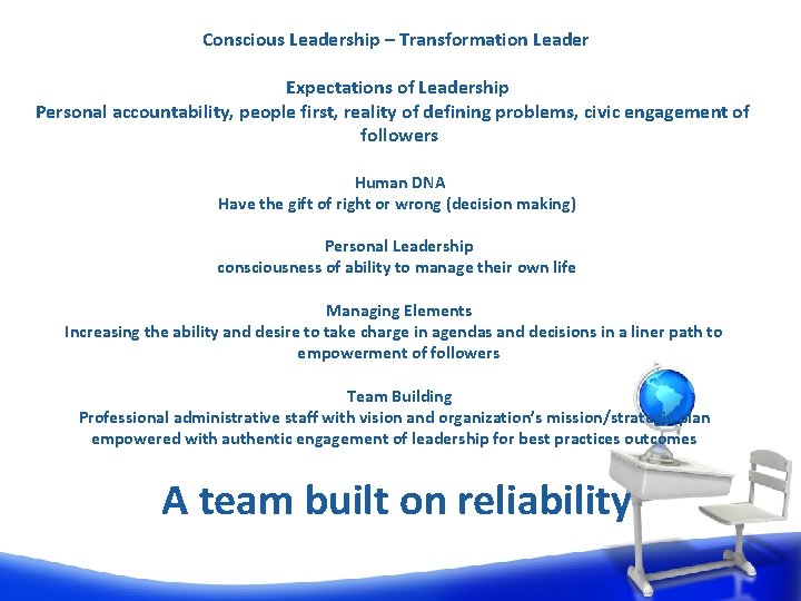 Conscious Leadership – Transformation Leader Expectations of Leadership Personal accountability, people first, reality of