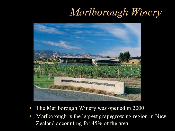Marlborough Winery • The Marlborough Winery was opened in 2000. • Marlborough is the