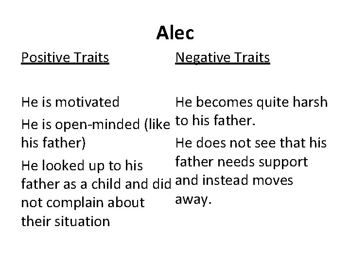 Alec Positive Traits Negative Traits He becomes quite harsh He is motivated He is