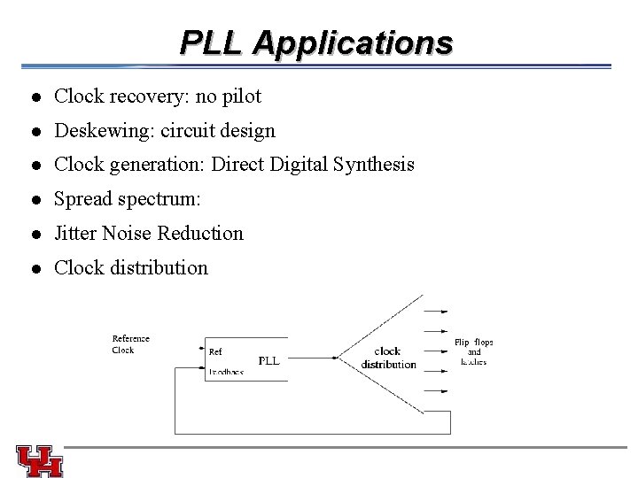 PLL Applications l Clock recovery: no pilot l Deskewing: circuit design l Clock generation: