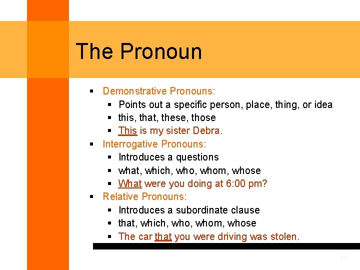 The Pronoun § Demonstrative Pronouns: § Points out a specific person, place, thing, or