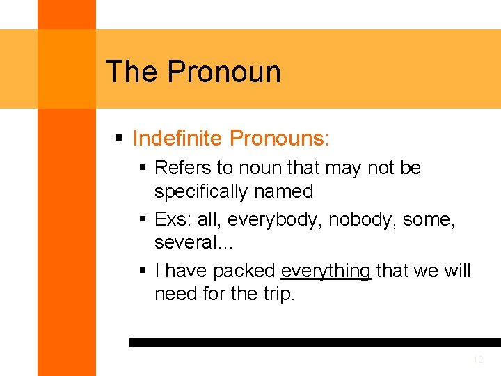 The Pronoun § Indefinite Pronouns: § Refers to noun that may not be specifically