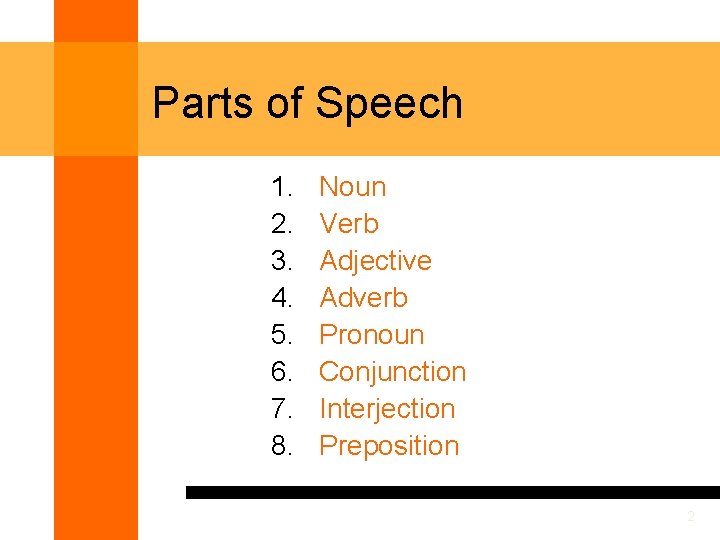 Parts of Speech 1. 2. 3. 4. 5. 6. 7. 8. Noun Verb Adjective