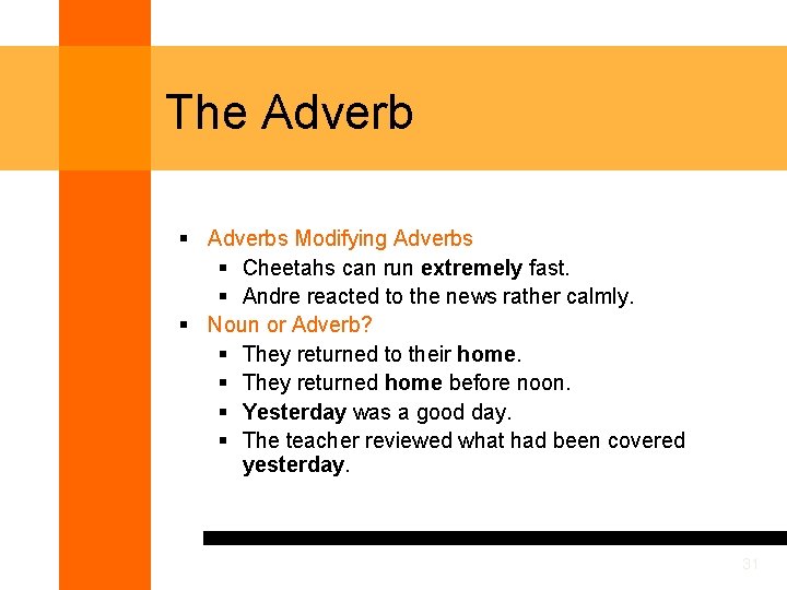 The Adverb § Adverbs Modifying Adverbs § Cheetahs can run extremely fast. § Andre