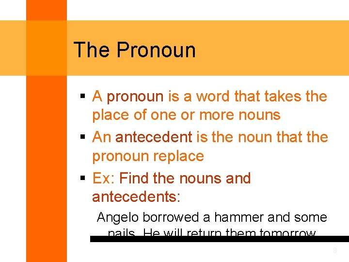 The Pronoun § A pronoun is a word that takes the place of one