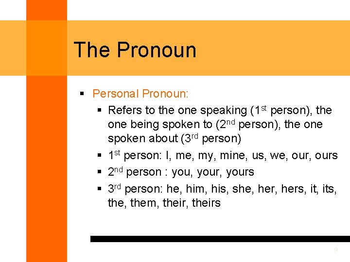 The Pronoun § Personal Pronoun: § Refers to the one speaking (1 st person),