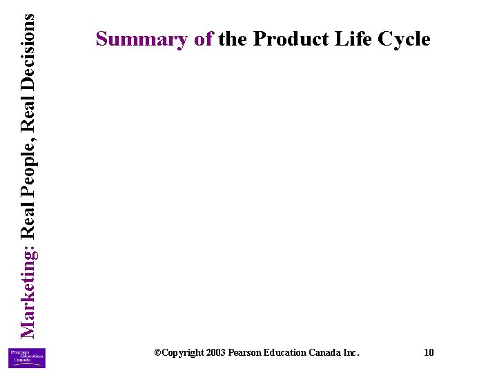 Marketing: Real People, Real Decisions Summary of the Product Life Cycle ©Copyright 2003 Pearson