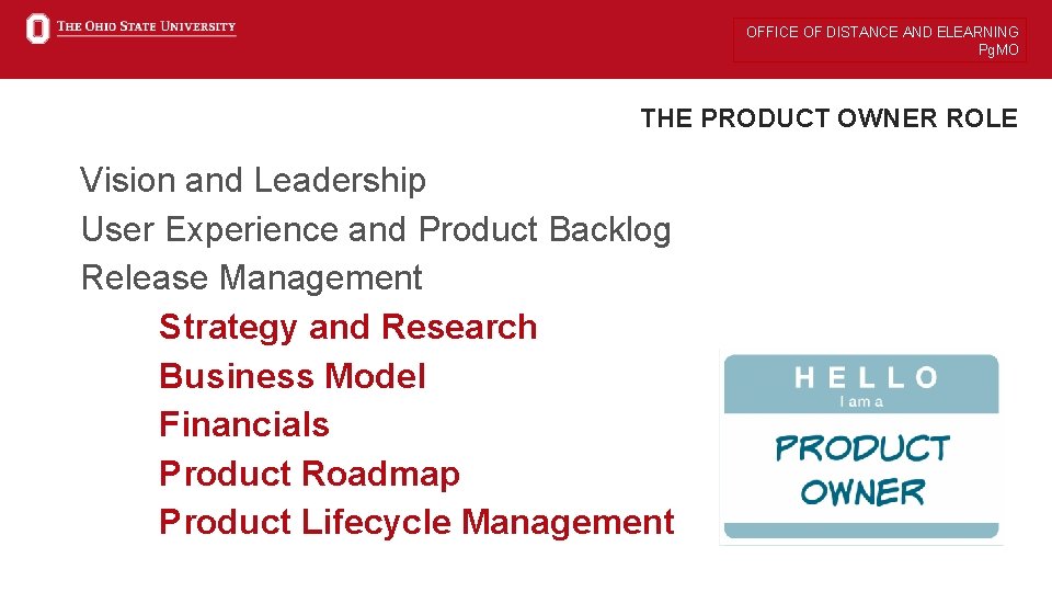 OFFICE OF DISTANCE AND ELEARNING Pg. MO THE PRODUCT OWNER ROLE Vision and Leadership