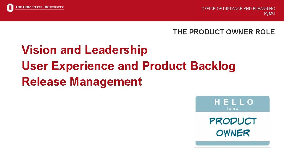 OFFICE OF DISTANCE AND ELEARNING Pg. MO THE PRODUCT OWNER ROLE Vision and Leadership