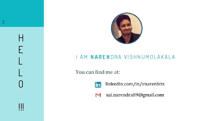 2 H E L L O !!! MY I AM NARENDRA VISHNUMOLAKALA 