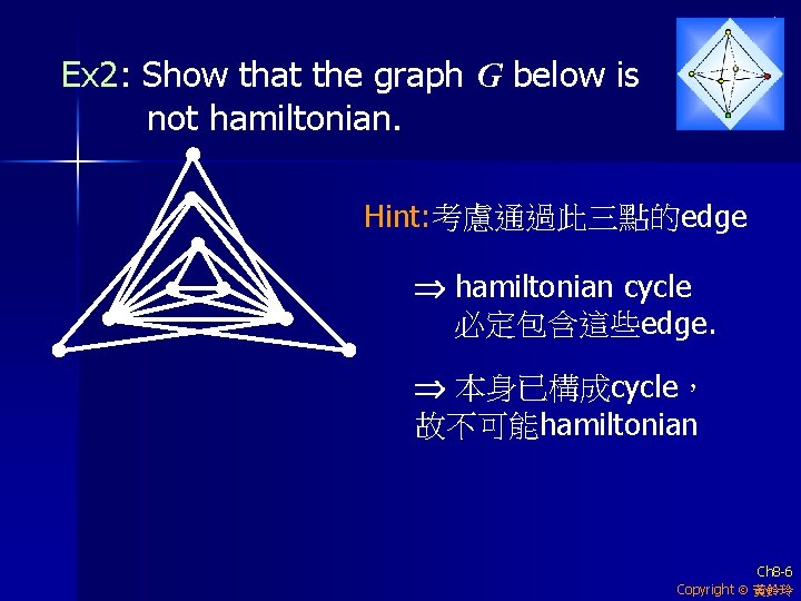 Ex 2: Show that the graph G below is not hamiltonian. Hint: 考慮通過此三點的edge hamiltonian