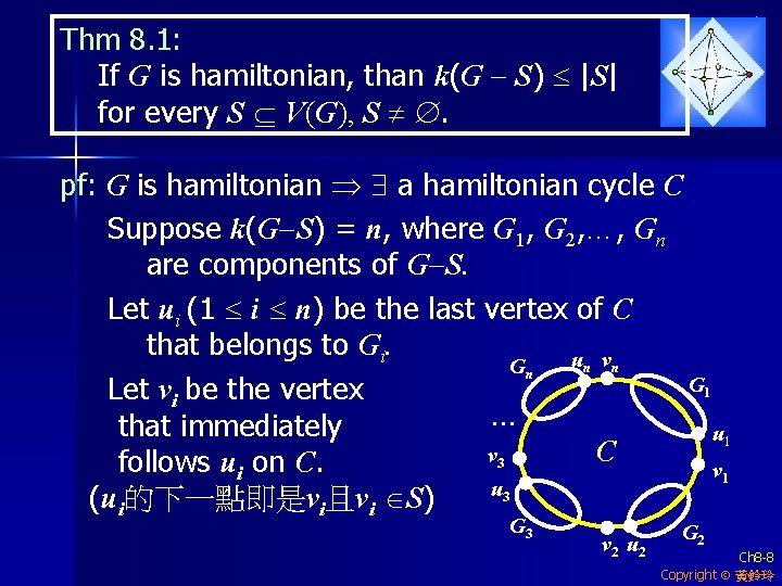 Thm 8. 1: If G is hamiltonian, than k(G - S) |S| for every