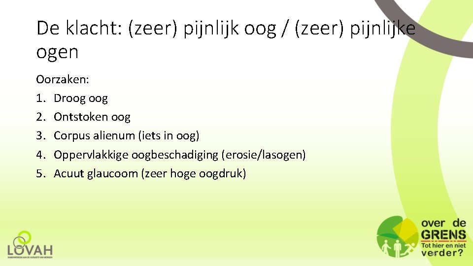 De klacht: (zeer) pijnlijk oog / (zeer) pijnlijke ogen Oorzaken: 1. Droog 2. Ontstoken