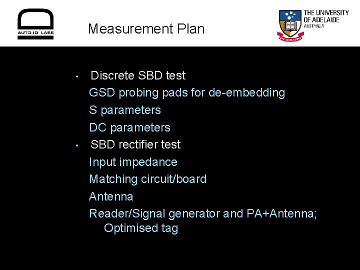 Measurement Plan • • Discrete SBD test GSD probing pads for de-embedding S parameters